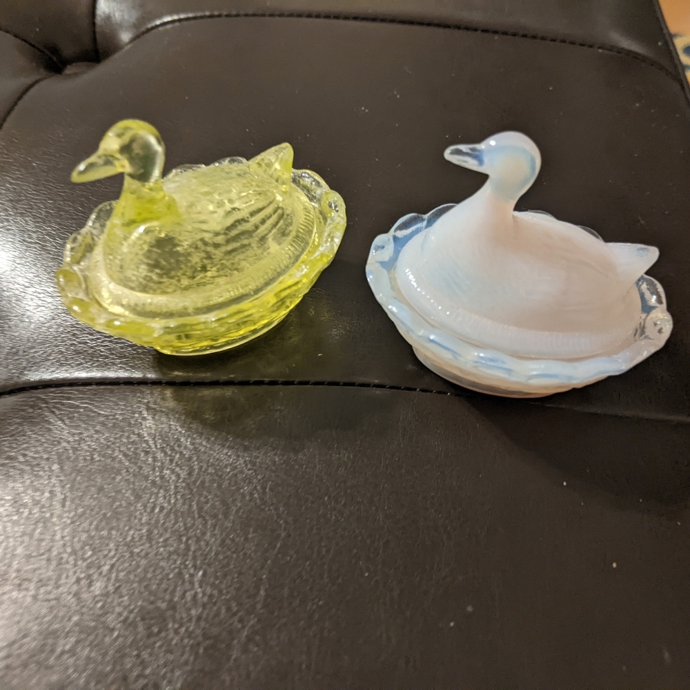 2 Vintage Glass Bird Duck on Nest Beauties Trinket Boxes
